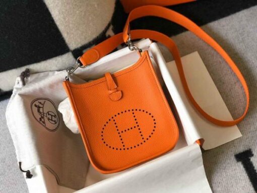 Replica Hermes Evelyne Bag Hermes Mini Crossbody Bag 20405 Silver Buckle Orange 2