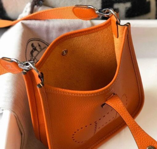 Replica Hermes Evelyne Bag Hermes Mini Crossbody Bag 20405 Silver Buckle Orange 8