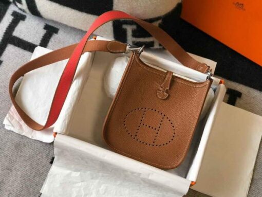 Replica Hermes Evelyne Bag Hermes Mini Crossbody Bag 20399 Silver Buckle Tan 3