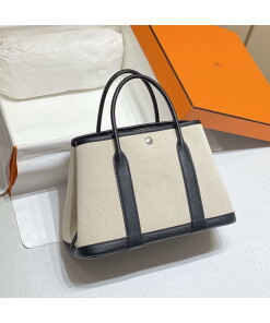 Replica Hermes Beige Canvas and Black leather Garden Party 30cm Bag H239051