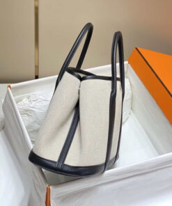 Replica Hermes Beige Canvas and Black leather Garden Party 30cm Bag H239051 2