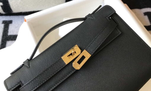 Replica Hermes Mini Kelly Pouchette Epsom Leather H230241 Black Gold 4