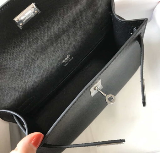 Replica Hermes Mini Kelly Pouchette Epsom Leather H230240 Black Silver 8