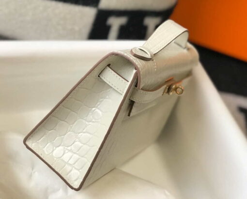 Replica Hermes Mini Kelly Pouchette Crocodile Leather H230239 White 4