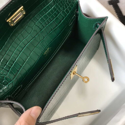 Replica Hermes Mini Kelly Pouchette Crocodile Leather H230238 Green 8