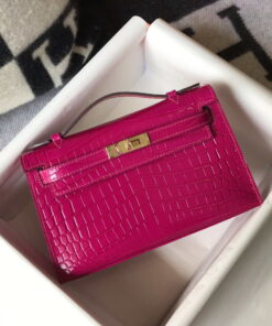 Replica Hermes Mini Kelly Pouchette Crocodile Leather H230236 Rose Red 2