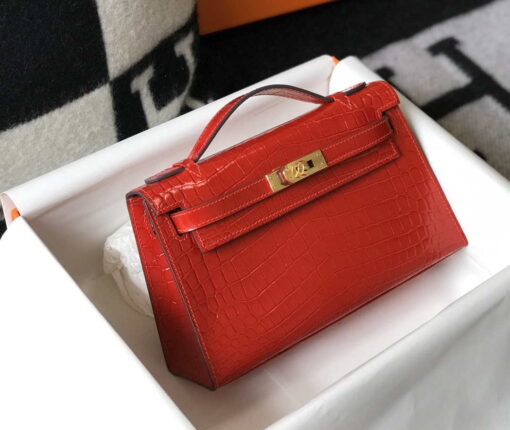 Replica Hermes Mini Kelly Pouchette Crocodile Leather H230235 Red 3