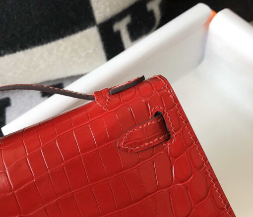 Replica Hermes Mini Kelly Pouchette Crocodile Leather H230235 Red 6