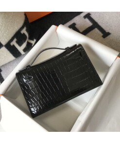 Replica Hermes Mini Kelly Pouchette Crocodile Leather H230234 Black