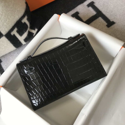 Replica Hermes Mini Kelly Pouchette Crocodile Leather H230234 Black