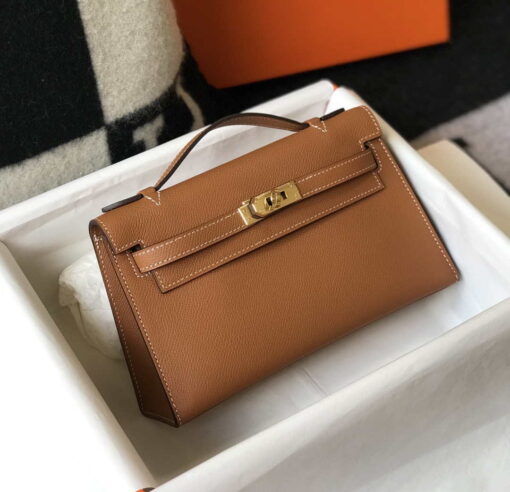 Replica Hermes Mini Kelly Pouchette H230223 Epsom Leather Brown 3