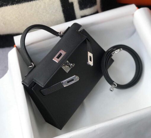 Replica Hermes Kelly Bag Hermes 19CM Epsom Shoulder Mini Bag Black Silver buckle 20456 4