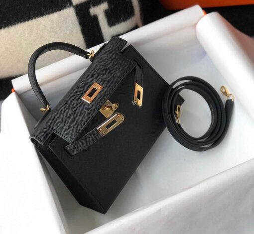 Replica Hermes Kelly Bag Hermes 19CM Epsom Shoulder Mini Bag Black Gold buckle 20455 4