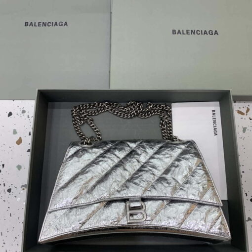 Replica Balenciaga 716393210 Crush Medium Chain Bag Quilted in Silver metallized crushed calfskin Silver