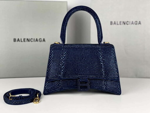 Replica Balenciaga 59283328 Hourglass Top Handle in Navy blue Suede Calfskin with Rhinestones