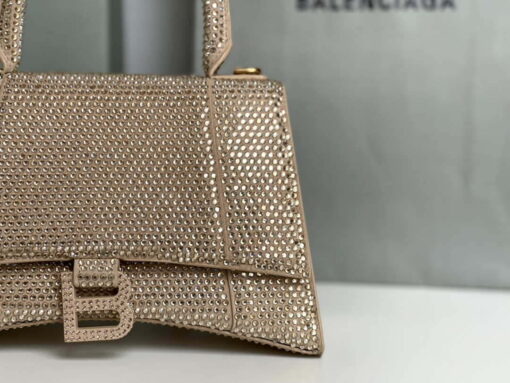 Replica Balenciaga 59283328 Hourglass Top Handle in Apricot Suede Calfskin with Rhinestones 5