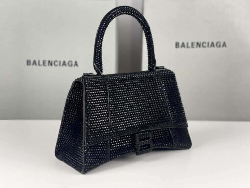 Replica Balenciaga 59283328 Hourglass Top Handle in Black Suede Calfskin with Rhinestones 3