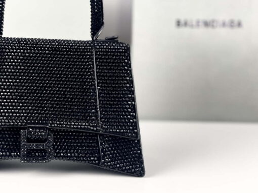 Replica Balenciaga 59283328 Hourglass Top Handle in Black Suede Calfskin with Rhinestones 6