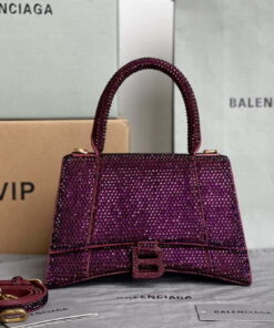 Replica Balenciaga 59283328 Hourglass Top Handle in Purple red Suede Calfskin with Rhinestones