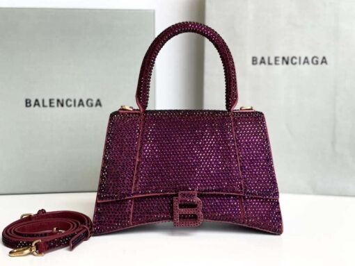 Replica Balenciaga 59283328 Hourglass Top Handle in Purple red Suede Calfskin with Rhinestones 2