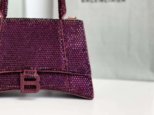 Replica Balenciaga 59283328 Hourglass Top Handle in Purple red Suede Calfskin with Rhinestones 5