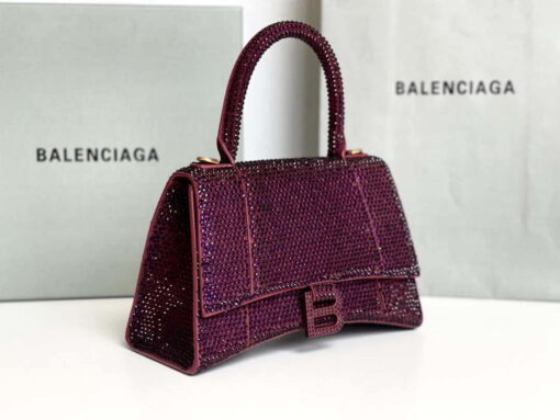 Replica Balenciaga 59283328 Hourglass Top Handle in Purple red Suede Calfskin with Rhinestones 7