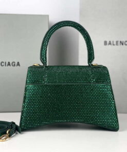 Replica Balenciaga 59283328 Hourglass Top Handle in Dark Green Suede Calfskin with Rhinestones 2