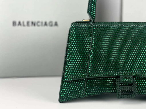Replica Balenciaga 59283328 Hourglass Top Handle in Dark Green Suede Calfskin with Rhinestones 3