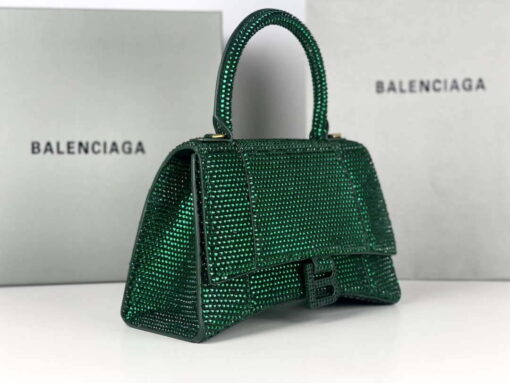 Replica Balenciaga 59283328 Hourglass Top Handle in Dark Green Suede Calfskin with Rhinestones 5