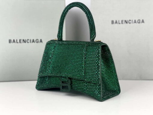 Replica Balenciaga 59283328 Hourglass Top Handle in Dark Green Suede Calfskin with Rhinestones 6
