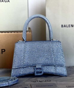 Replica Balenciaga 59283328 Hourglass Top Handle in Blue Suede Calfskin with Rhinestones