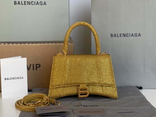 Replica Balenciaga 59283328 Hourglass Top Handle in Yellow Suede Calfskin with Rhinestones