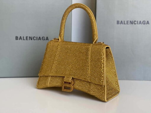 Replica Balenciaga 59283328 Hourglass Top Handle in Yellow Suede Calfskin with Rhinestones 9