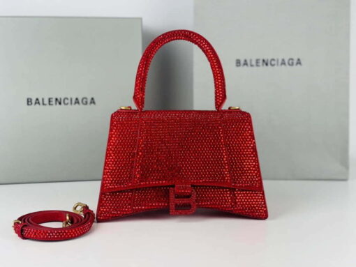 Replica Balenciaga 59283328 Hourglass Top Handle in Red Suede Calfskin with Rhinestones 7