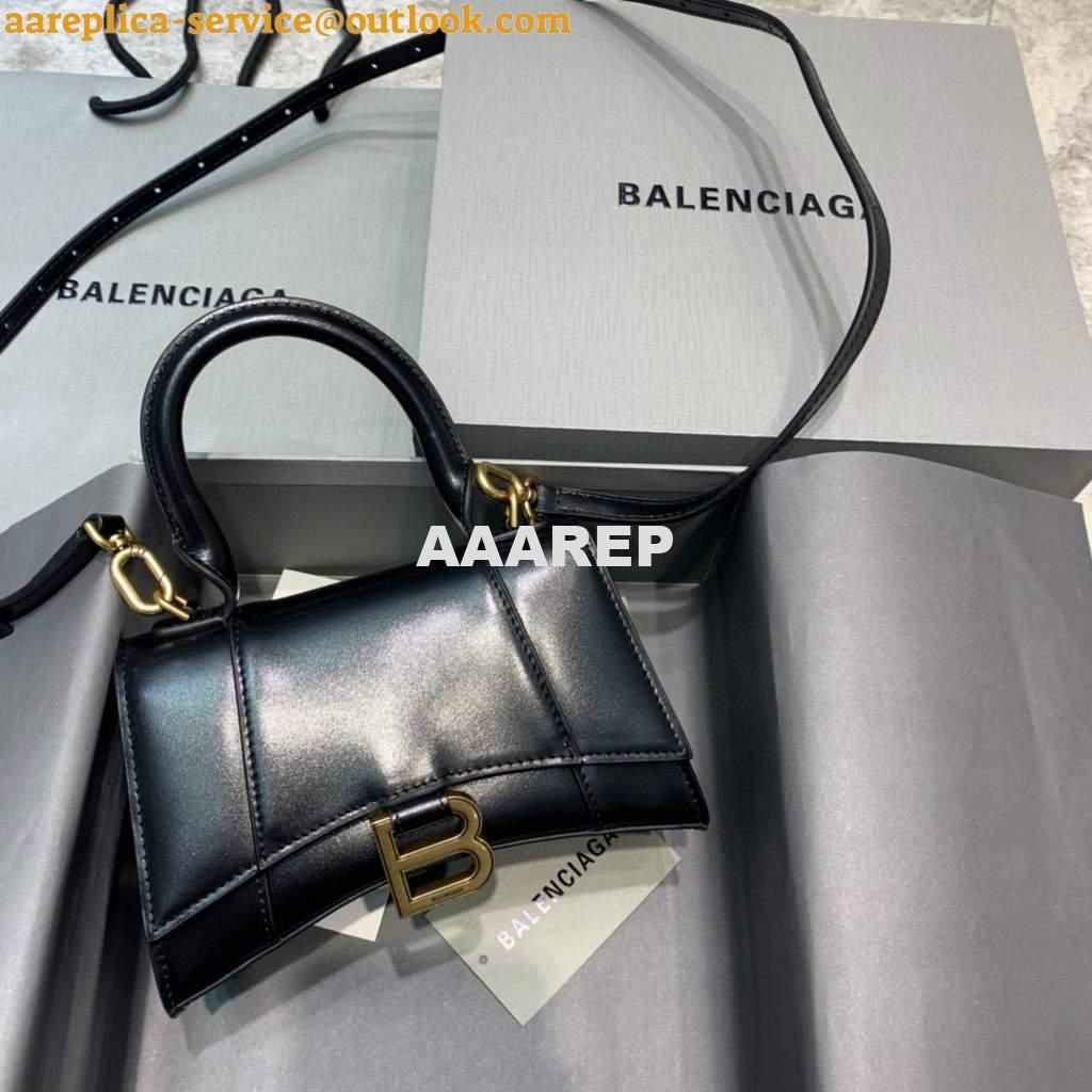 Replica Balenciaga 592833 Hourglass XS Top Handle Leather Bag Black Silver 9