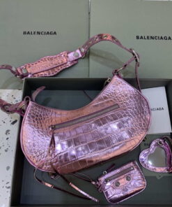 Replica Balenciaga 67130723 Women's Le Cagole Small Shoulder Bag Crocodile Embossed In Sky Pink 2