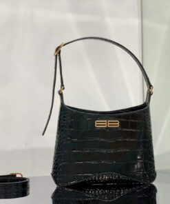 Replica Balenciaga 695589 Women's XX Small Hobo Bag Crocodile Embossed Black 2