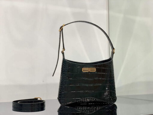 Replica Balenciaga 695589 Women's XX Small Hobo Bag Crocodile Embossed Black 2