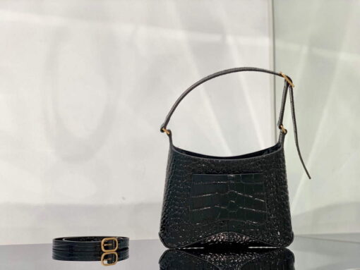 Replica Balenciaga 695589 Women's XX Small Hobo Bag Crocodile Embossed Black 4