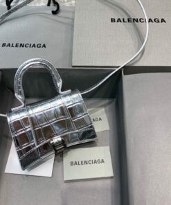 Replica Balenciaga 664676 Hourglass Mini Top Handle Crocodile Bag Silver