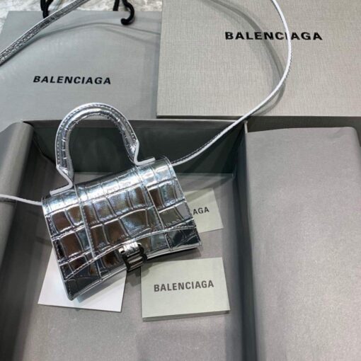 Replica Balenciaga 664676 Hourglass Mini Top Handle Crocodile Bag Silver