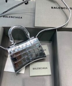 Replica Balenciaga 664676 Hourglass Mini Top Handle Crocodile Bag Silver 2