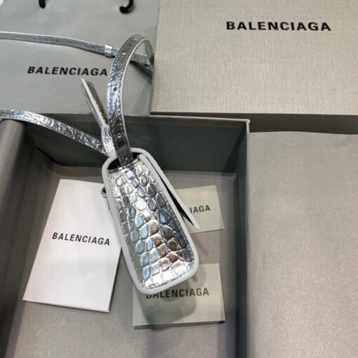 Replica Balenciaga 664676 Hourglass Mini Top Handle Crocodile Bag Silver 3