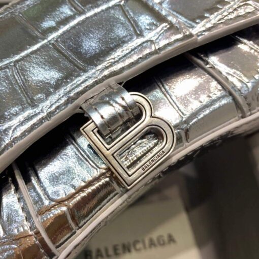 Replica Balenciaga 664676 Hourglass Mini Top Handle Crocodile Bag Silver 5