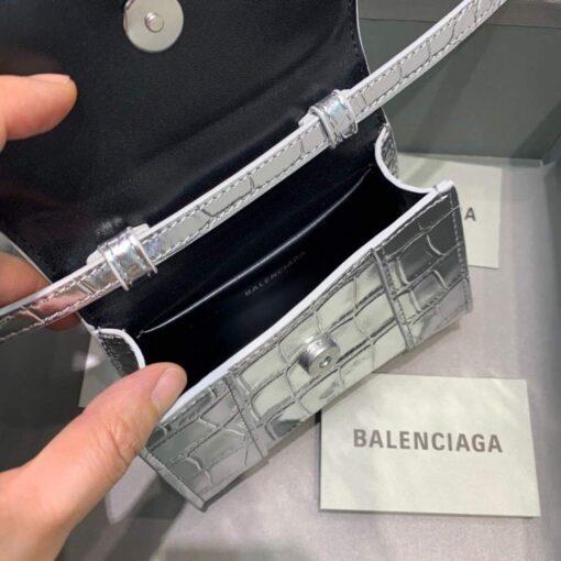 Replica Balenciaga 664676 Hourglass Mini Top Handle Crocodile Bag Silver 6