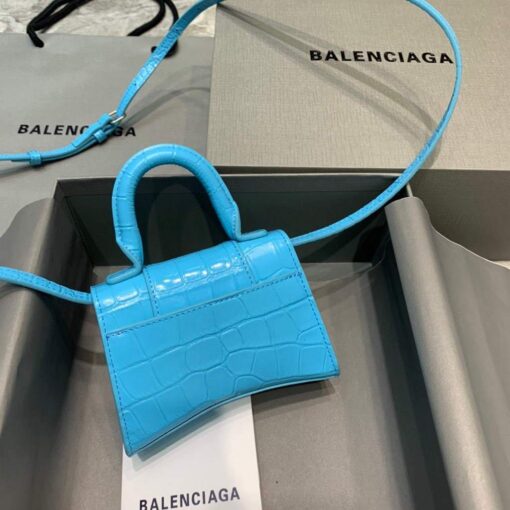 Replica Balenciaga 664676 Hourglass Mini Top Handle Crocodile Bag Blue 2
