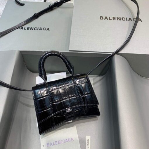 Replica Balenciaga 664676 Hourglass Mini Top Handle Crocodile Bag Black