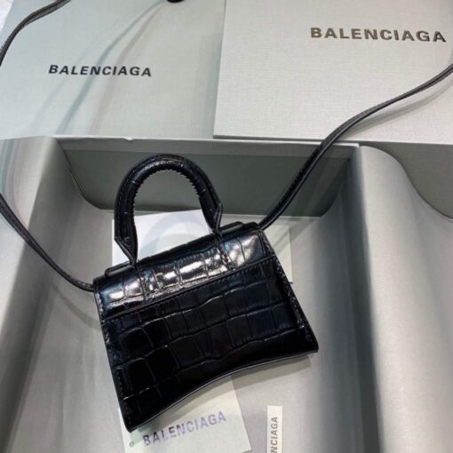 Replica Balenciaga 664676 Hourglass Mini Top Handle Crocodile Bag Black 2