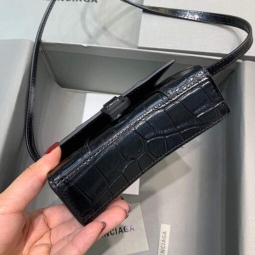 Replica Balenciaga 664676 Hourglass Mini Top Handle Crocodile Bag Black 4