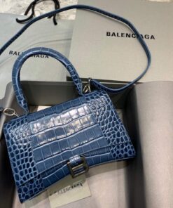 Replica Balenciaga 593546 Hourglass Small Top Handle Crocodile Bag Navy Blue Silver